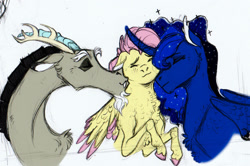 Size: 1024x679 | Tagged: safe, artist:artofcontortion, discord, fluttershy, princess luna, alicorn, pegasus, pony, bisexual, colored sketch, discoshy, discunashy, female, lesbian, lunashy, male, polyamory, shipping, straight