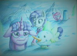 Size: 3506x2550 | Tagged: safe, artist:realismcartoon, derpibooru import, pinkie pie, rarity, spike, twilight sparkle, twilight sparkle (alicorn), alicorn, dragon, earth pony, pony, unicorn, party cannon, snow, traditional art