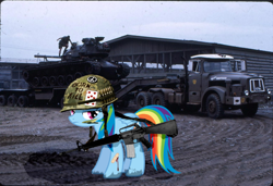 Size: 1024x702 | Tagged: safe, artist:passiveusererwinwoz, rainbow dash, pegasus, pony, army, bandaid, blood, female, gun, helmet, m16, mare, solo, vietnam, vietnam war, weapon