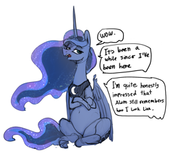 Size: 1973x1801 | Tagged: safe, artist:alumx, princess luna, alicorn, pony, dialogue, looking at you, sarcasm, sitting, solo, unamused