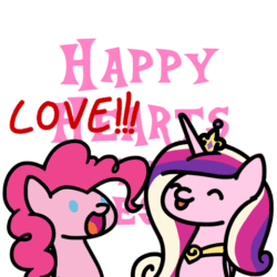 Size: 480x480 | Tagged: safe, artist:flutterluv, pinkie pie, princess cadance, alicorn, earth pony, pony, :p, animated, chibi, dialogue, duo, eyes closed, hearts and hooves day, holiday, magic, open mouth, self ponidox, simple background, tongue out, valentine's day, white background