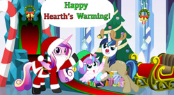 Size: 1210x660 | Tagged: artist needed, safe, princess cadance, princess flurry heart, shining armor, alicorn, deer, pony, reindeer, unicorn, animal costume, antlers, baby, baby pony, bell, candy, candy cane, christmas, christmas tree, clothes, costume, crystal empire, cute, elf hat, fake beard, female, flurrybetes, food, happy hearth's warming, hat, hearth's warming, hearth's warming tree, holiday, horn, jingle bells, male, mare, merry christmas, present, red nose, reindeer antlers, reindeer costume, rudolph the red nosed reindeer, santa beard, santa claus, santa costume, santa hat, santa hooves, sleigh, stallion, tree, wreath