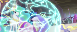 Size: 1920x804 | Tagged: safe, screencap, princess cadance, princess celestia, princess luna, alicorn, earth pony, pony, my little pony: the movie, angry, background pony, canterlot, crown, determined, force field, glowing horn, heart, jewelry, magic, magic aura, magic bubble, plot, regalia, shield, sparkles, storm guard, surprised, unnamed pony