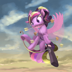 Size: 878x878 | Tagged: safe, artist:bakuel, princess cadance, alicorn, pony, arrow, bow (weapon), bow and arrow, cupid, cupidance, female, flying, horn, mare, princess, quiver, solo, weapon, wings