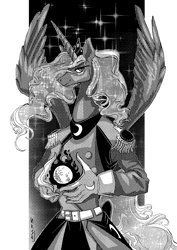 Size: 848x1200 | Tagged: safe, artist:ursa, princess luna, anthro, clothes, halftone, monochrome, moon, tangible heavenly object