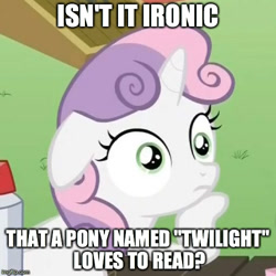 Size: 500x500 | Tagged: safe, derpibooru import, sweetie belle, twilight sparkle, pony, unicorn, exploitable meme, female, filly, horn, image macro, meme, obligatory pony, solo, sudden clarity sweetie belle, text, two toned mane, white coat, wide eyes