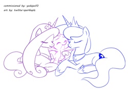 Size: 1400x1000 | Tagged: safe, artist:twilite-sparkleplz, princess cadance, princess luna, spike, alicorn, dragon, pony, eyes closed, female, infidelity, interspecies, lucky bastard, male, mare, monochrome, shipping, simple background, sketch, smiling, spike gets all the mares, spikedance, spiluna, straight, white background