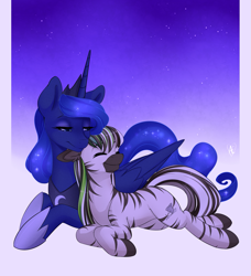 Size: 1649x1806 | Tagged: safe, artist:spittfireart, princess luna, oc, oc:jack hyperfreak, alicorn, pony, zebra, canon x oc, jackuna, nuzzling, size difference, zebra oc