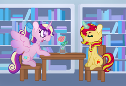 Size: 1280x873 | Tagged: safe, artist:bubaiuv, princess cadance, sunset shimmer, alicorn, pony, unicorn, fanfic:looking glass, series:who we become, book, bookshelf, chair, commission, fanfic, fanfic art, female, flower, friendshipping, library, rose, sitting, starry eyes, table, teenager, wingding eyes, younger