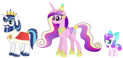 Size: 4275x2025 | Tagged: safe, artist:aleximusprime, princess cadance, princess flurry heart, shining armor, alicorn, pony, unicorn, flurry heart's story, beard, colored wings, ethereal mane, facial hair, gradient wings, headcanon, high res, jewelry, older, older flurry heart, older princess cadance, older shining armor, regalia, simple background, transparent background, wings