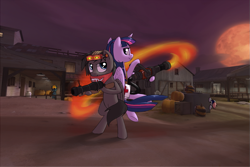 Size: 1275x850 | Tagged: safe, artist:victoreach, derpibooru import, twilight sparkle, twilight sparkle (alicorn), oc, oc:bullet bread, alicorn, pony, team fortress 2, ubergun