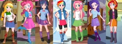 Size: 1632x594 | Tagged: safe, artist:azaleasdolls, derpibooru import, applejack, fluttershy, pinkie pie, rainbow dash, rarity, sunset shimmer, twilight sparkle, twilight sparkle (alicorn), alicorn, equestria girls, boots, clothes, high heel boots, humane seven, humanized, skirt