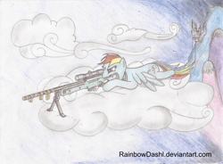 Size: 1024x754 | Tagged: safe, rainbow dash, pegasus, pony, arctic warfare, canterlot, cloud, cutie mark, drawing, equestria, female, gun, hooves, lying down, mare, military, on a cloud, optical sight, rifle, sniper, sniper rifle, solo, spread wings, weapon, wings