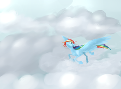 Size: 1200x878 | Tagged: safe, artist:xenon, rainbow dash, pegasus, pony, blue coat, female, flying, mare, multicolored mane, solo