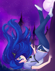 Size: 1280x1665 | Tagged: safe, artist:jonfawkes, princess luna, human, backpack, band shirt, canterlot, clothes, falling, female, full moon, hipgnosis, humanized, jewelry, moon, night, parachute, pink floyd, regalia, solo, the dark side of the moon