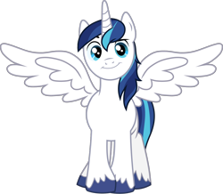 Size: 2578x2251 | Tagged: safe, artist:chainchomp2 edit, edit, edited edit, shining armor, alicorn, pony, alicornified, cocked eyebrow, cute, looking at you, male, outstretched wings, prince shining armor, race swap, shining adorable, shiningcorn, simple background, smiling, solo, stallion, transparent background, unshorn fetlocks, vector, vector edit, wings