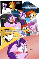 Size: 1200x1800 | Tagged: safe, artist:zouyugi, princess cadance, princess flurry heart, starlight glimmer, sunburst, alicorn, pony, unicorn, comic:confession, angry, blushing, comic, dialogue, engrish, smiling