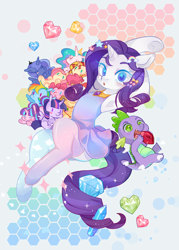 Size: 600x839 | Tagged: safe, artist:lemonheart, derpibooru import, applejack, fluttershy, pinkie pie, rainbow dash, rarity, spike, starlight glimmer, sunset shimmer, twilight sparkle, dragon, earth pony, pegasus, pony, unguligrade anthro, unicorn, alternate mane seven, armpits, clothes, dress, eating, gem, jewelry, jewels, looking at you, mane nine, mane seven, mane six, necklace, open mouth, stockings