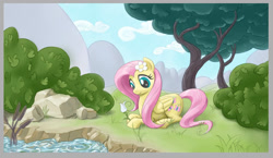 Size: 1320x763 | Tagged: safe, artist:giantmosquito, fluttershy, pegasus, pony, flower, flower in hair, outdoors, prone, river, solo, stream, tree