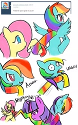 Size: 1197x1920 | Tagged: artist needed, safe, fluttershy, rainbow dash, twilight sparkle, pegasus, pony, clothes, exploitable meme, fluttershipper, grab my meme, scarf, shipper on deck, shipping, twidash