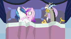 Size: 1362x761 | Tagged: safe, artist:estories, artist:mlp-silver-quill, discord, princess cadance, shining armor, alicorn, pony, unicorn, after the fact, bed, female, horn, horns are touching, implied sex, male, mare, pillow, somepony sleeps next to shining armor and princess cadance, stallion, wide eyes