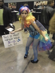 Size: 1170x1560 | Tagged: safe, rainbow dash, human, cosplay, irl, irl human, photo, rainbow dash always dresses in style, sign, text