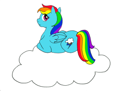 Size: 600x450 | Tagged: safe, artist:ikarichan, rainbow dash, pegasus, pony, blue coat, cloud, female, mare, multicolored mane, solo