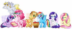 Size: 2303x944 | Tagged: safe, artist:dun, derpibooru import, applejack, derpy hooves, fluttershy, gummy, pinkie pie, rainbow dash, rarity, twilight sparkle, twilight sparkle (alicorn), alicorn, cat, earth pony, pegasus, pony, unicorn, apple, book, bucket, female, food, letter, magic, mane six, mare, mouth hold, telekinesis