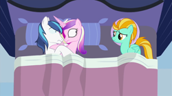 Size: 1362x761 | Tagged: safe, artist:mlp-silver-quill, lightning dust, princess cadance, shining armor, alicorn, pony, unicorn, after the fact, bed, female, horn, horns are touching, implied sex, male, mare, pillow, somepony sleeps next to shining armor and princess cadance, stallion, wide eyes