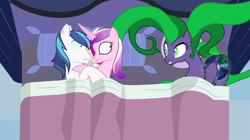 Size: 1362x761 | Tagged: safe, artist:mlp-silver-quill, artist:stainless33, edit, mane-iac, princess cadance, shining armor, alicorn, pony, unicorn, after the fact, bed, electro orb, female, grin, horn, horns are touching, implied sex, male, mare, pillow, smiling, somepony sleeps next to shining armor and princess cadance, stallion, vector, vector edit, wide eyes