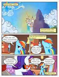 Size: 612x792 | Tagged: safe, artist:newbiespud, edit, edited screencap, screencap, rainbow dash, rarity, pegasus, pony, unicorn, comic:friendship is dragons, suited for success, canterlot, carousel boutique, comic, eyes closed, female, glasses, hooves, horn, mare, open mouth, ponyville, raised hoof, screencap comic, spread wings, wings