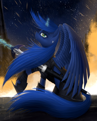 Size: 2610x3239 | Tagged: safe, artist:dezdark, princess luna, alicorn, pony, clothes, female, fire, looking at you, mare, new lunar republic, night, night sky, sky, solo, sword, weapon