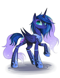 Size: 840x1080 | Tagged: artist needed, safe, princess luna, alicorn, pony, alternate design, female, jewelry, looking at you, mare, raised hoof, simple background, slit eyes, solo, white background