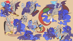 Size: 1500x837 | Tagged: safe, artist:kiyoon, discord, princess luna, alicorn, draconequus, pony, antlers, blushing, cellphone, christmas, clothes, cuddling, duo, eye contact, eyes closed, female, floppy ears, glowing horn, hat, heart, holiday, iphone, looking at each other, looking at you, lunacord, magic, male, mare, open mouth, phone, red nose, s1 luna, santa hat, scarf, selfie, sharing a drink, shipping, sleeping, smiling, spread wings, straight, telekinesis, wings