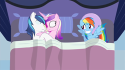 Size: 1362x761 | Tagged: safe, artist:mlp-silver-quill, princess cadance, rainbow dash, shining armor, alicorn, pegasus, pony, unicorn, after the fact, bed, blushing, female, horn, horns are touching, implied sex, male, mare, pillow, somepony sleeps next to shining armor and princess cadance, stallion, wide eyes