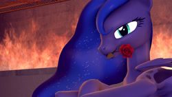 Size: 1920x1080 | Tagged: safe, artist:loveslove, princess luna, alicorn, pony, 3d, cutie mark, female, fire, flower, flower in mouth, folded wings, looking at you, lying down, mare, mouth hold, plot, rose, rose in mouth, smiling, solo, source filmmaker