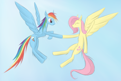 Size: 900x600 | Tagged: safe, artist:avristed, fluttershy, rainbow dash, pegasus, pony, female, flying, mare, wings