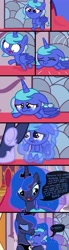 Size: 1100x3999 | Tagged: safe, artist:justsomepainter11, princess luna, oc, oc:aurora slumber, alicorn, pony, baby, baby pony, comic, crying, dialogue, female, mother and child, mother and daughter, offspring, parent and child, parent:oc:supernova, parent:princess luna, parents:canon x oc