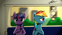 Size: 1600x900 | Tagged: safe, artist:camaine, rainbow dash, twilight sparkle, pegasus, pony, unicorn, female, mare, subway