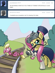 Size: 640x856 | Tagged: safe, artist:giantmosquito, fluttershy, lily, lily valley, earth pony, pegasus, pony, ask, ask-dr-adorable, bondage, cloth gag, dastardly whiplash, dr adorable, female, gag, imminent decapitation, mare, moustache, peril, scared, tied to tracks, tied up, train tracks, tumblr, wide eyes