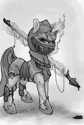 Size: 300x445 | Tagged: safe, artist:keeponhatin, derpibooru import, twilight sparkle, armor, medieval, monochrome, solo, spear, weapon