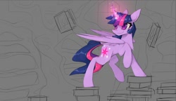 Size: 992x572 | Tagged: safe, artist:novabytes, derpibooru import, twilight sparkle, twilight sparkle (alicorn), alicorn, pony, book, female, glowing horn, golden oaks library, library, mare, solo, wip