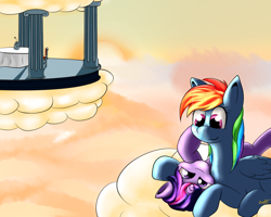 Size: 1280x1024 | Tagged: safe, artist:burnout42, rainbow dash, twilight sparkle, pegasus, pony, cloud, female, lesbian, on back, shipping, sky, twidash