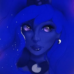 Size: 866x866 | Tagged: safe, artist:asurabella, princess luna, human, bust, ear piercing, earring, horned humanization, humanized, jewelry, limited palette, piercing, portrait, solo, uncanny valley