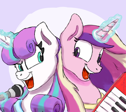 Size: 1800x1600 | Tagged: safe, artist:jimmyjamno1, princess cadance, princess flurry heart, alicorn, pony, duo, female, glowing horn, magic, microphone, mother and child, mother and daughter, older, older flurry heart, parent and child, singing, telekinesis