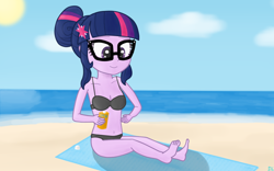 Size: 800x500 | Tagged: safe, artist:sutekh94, derpibooru import, sci-twi, twilight sparkle, equestria girls, barefoot, belly button, bikini, clothes, feet, solo, swimsuit