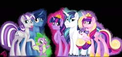 Size: 1600x750 | Tagged: safe, artist:missmele-madness, night light, princess cadance, princess flurry heart, shining armor, spike, twilight sparkle, twilight sparkle (alicorn), twilight velvet, alicorn, dragon, pony, unicorn, family, sparkle family, tongue out, winged spike