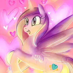 Size: 1000x1000 | Tagged: safe, artist:ryuredwings, princess cadance, alicorn, pony, cute, cutedance, female, glow, gradient background, happy, heart, mare, open mouth, raised hoof, rearing, smiling, solo, spread wings, wings