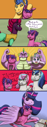 Size: 1400x3733 | Tagged: safe, artist:azurllinate, fizzlepop berrytwist, flash sentry, princess flurry heart, shining armor, spike, tempest shadow, twilight sparkle, twilight sparkle (alicorn), oc, oc:dazzle shield, oc:prince dazzle shield, oc:spiral twinkle, alicorn, dracony, dragon, hybrid, pegasus, pony, unicorn, adult, adult spike, alicorn oc, armpits, arms out, aunt fizzie, black eye, book, broken horn, bruised, clothes, comic strip, eyes closed, family, female, flashlight, flexing, futurehooves, head rub, hoof touching, horn, interspecies, interspecies offspring, making faces, male, mama twilight, multicolored mane, muscular male, next gen:futurehooves, next generation, offspring, older, older spike, older twilight, parent:flash sentry, parent:rarity, parent:spike, parent:twilight sparkle, parents:flashlight, parents:sparity, reading, shipping, showing teeth, smiling, speech, speech bubble, straight, text, when we were very young, wing blanket