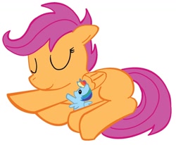 Size: 1218x1006 | Tagged: safe, artist:sallycars, rainbow dash, scootaloo, pegasus, pony, doll, sleeping